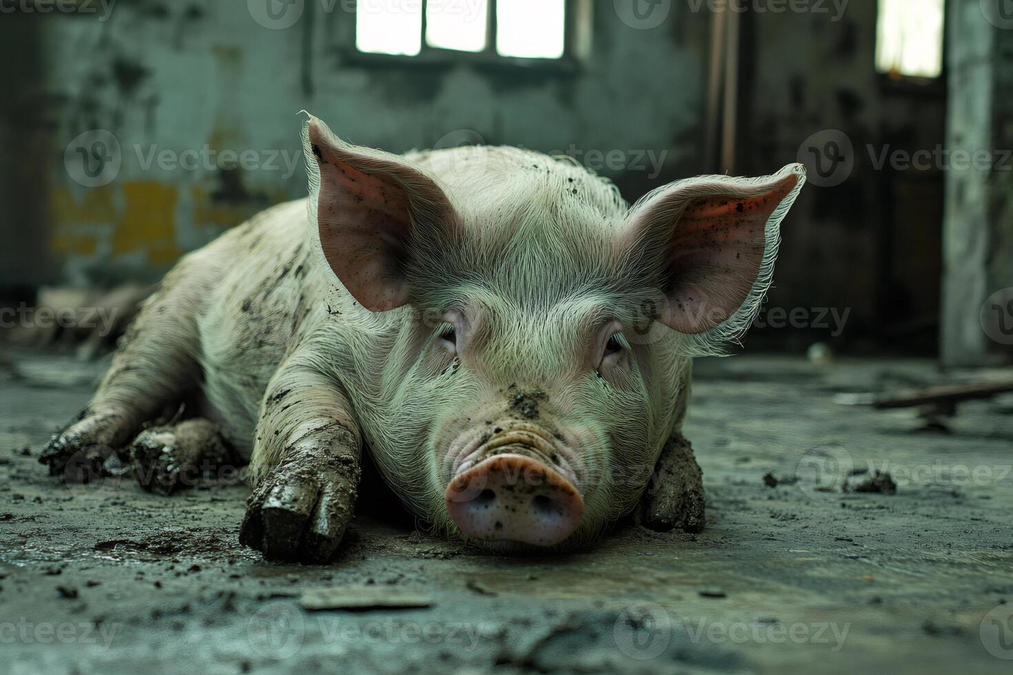 Dirty pig lying on the floor of abandoned farm photo