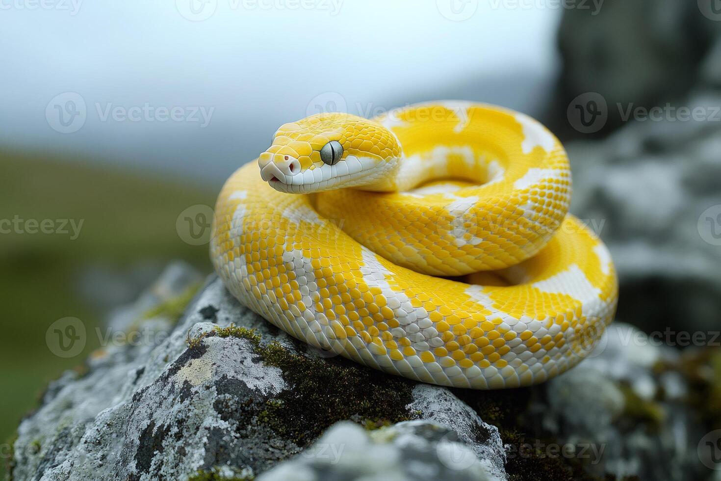 Yellow snake resting on a rock in nature photo