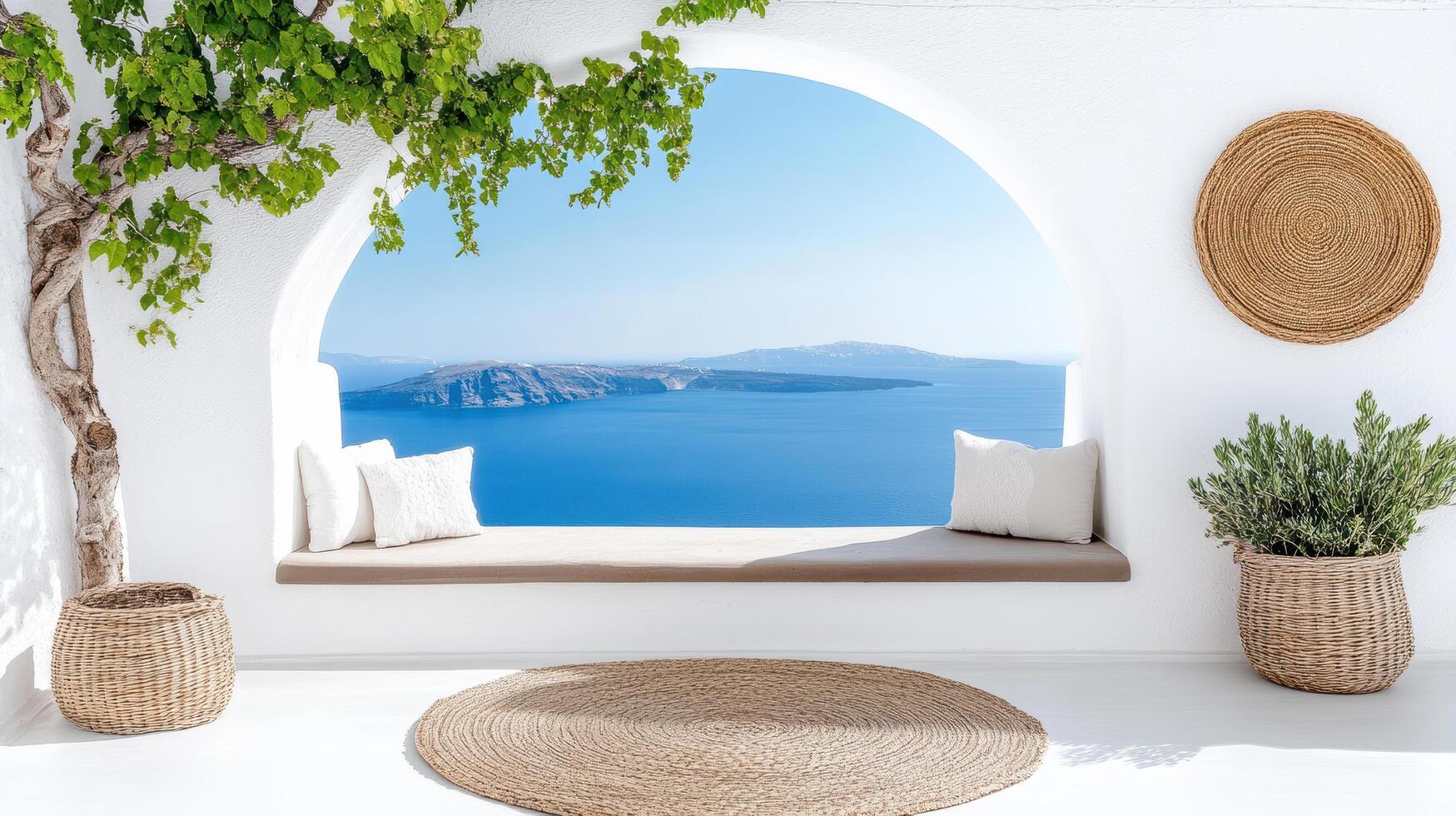 serene interior with panoramic view of Santorini blue sea and sky photo