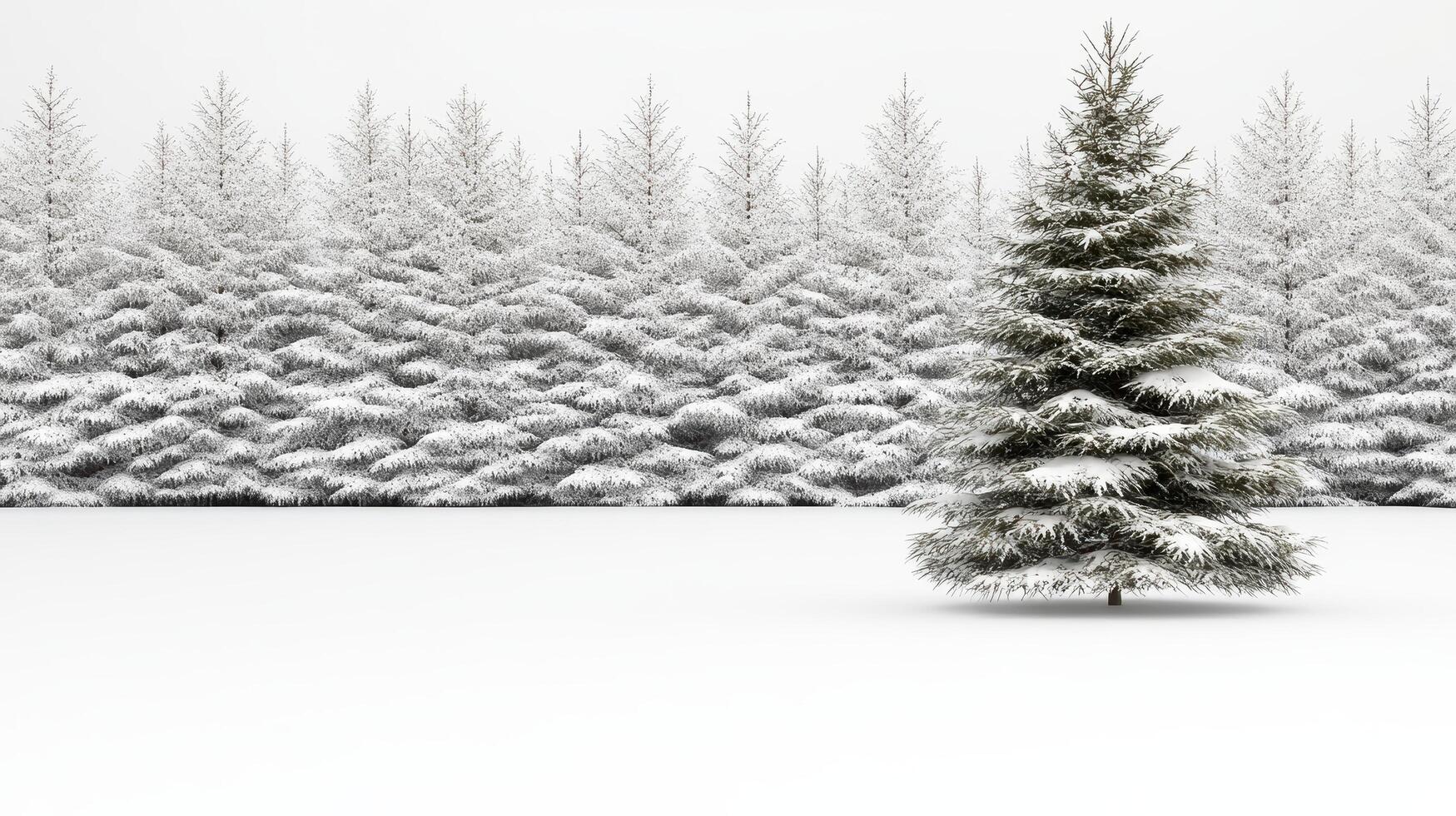 majestic fir tree stands alone in snowy landscape, surrounded by forest photo