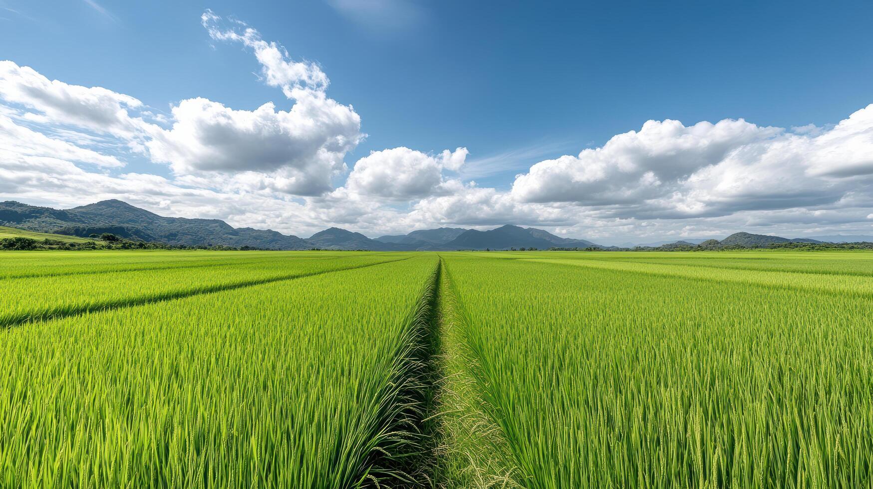 serene rice field under bright sky with fluffy clouds and mountains photo