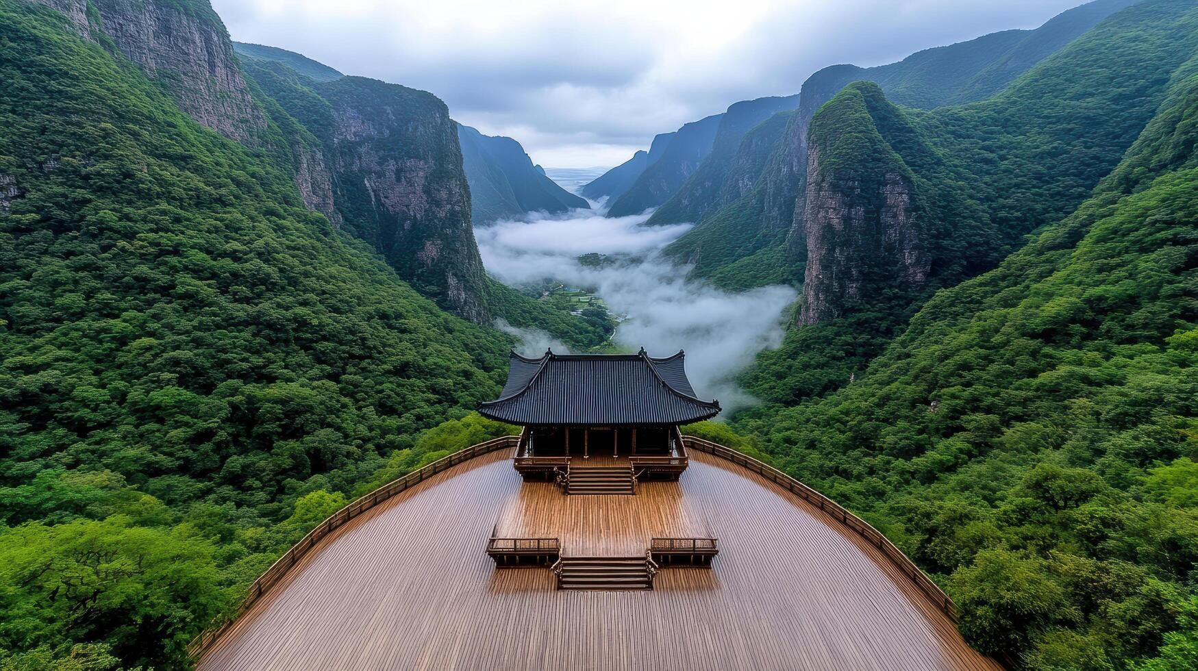 Majestic view of historic temple surrounded by lush mountains and mist photo