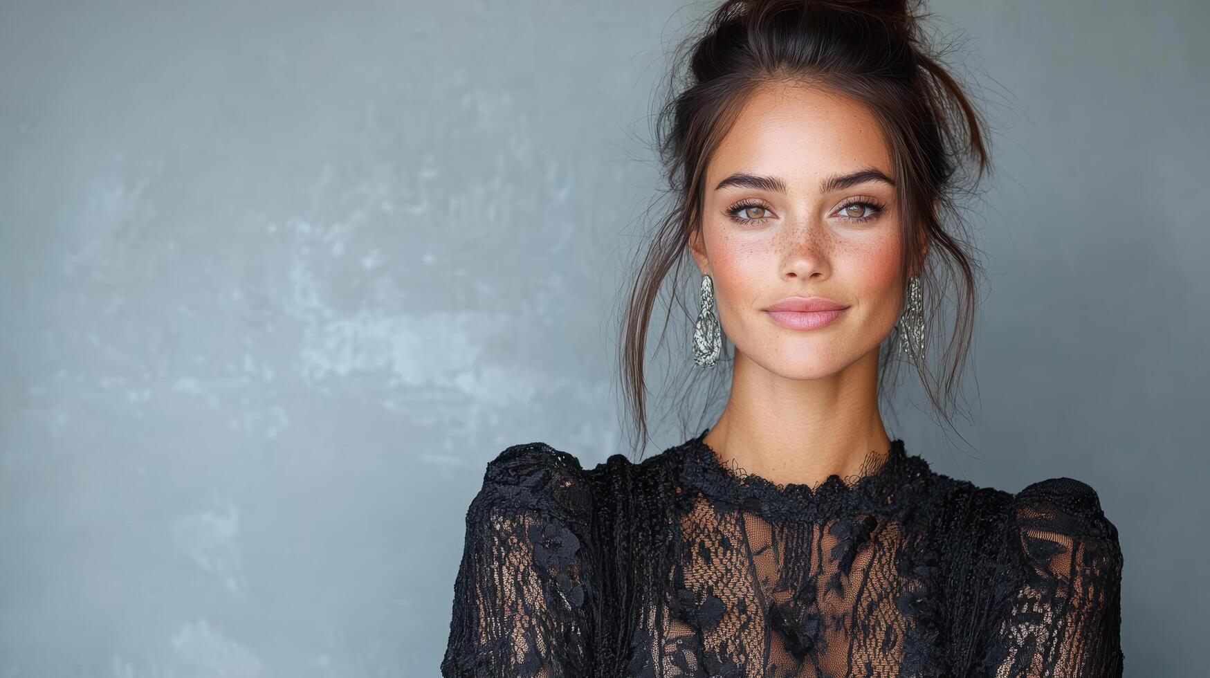 stunning woman with soft skin and elegant earrings poses gracefully photo