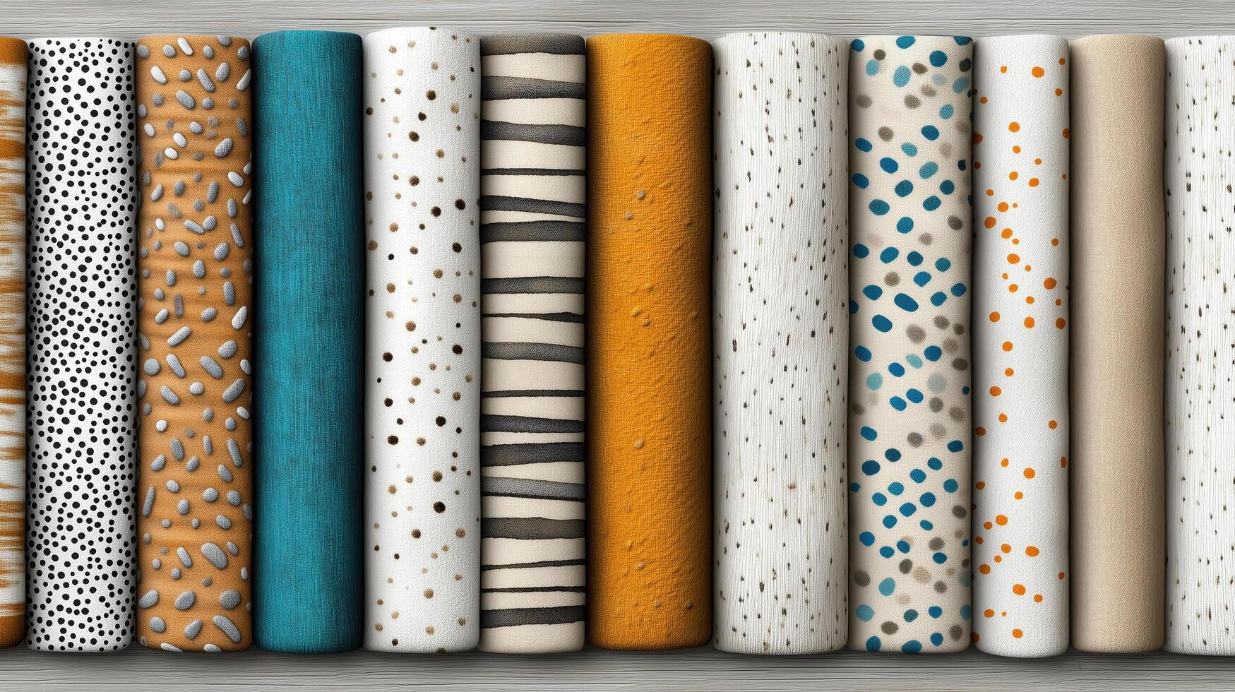 Intricate patterns on colorful textile rolls showcase unique designs and textures photo
