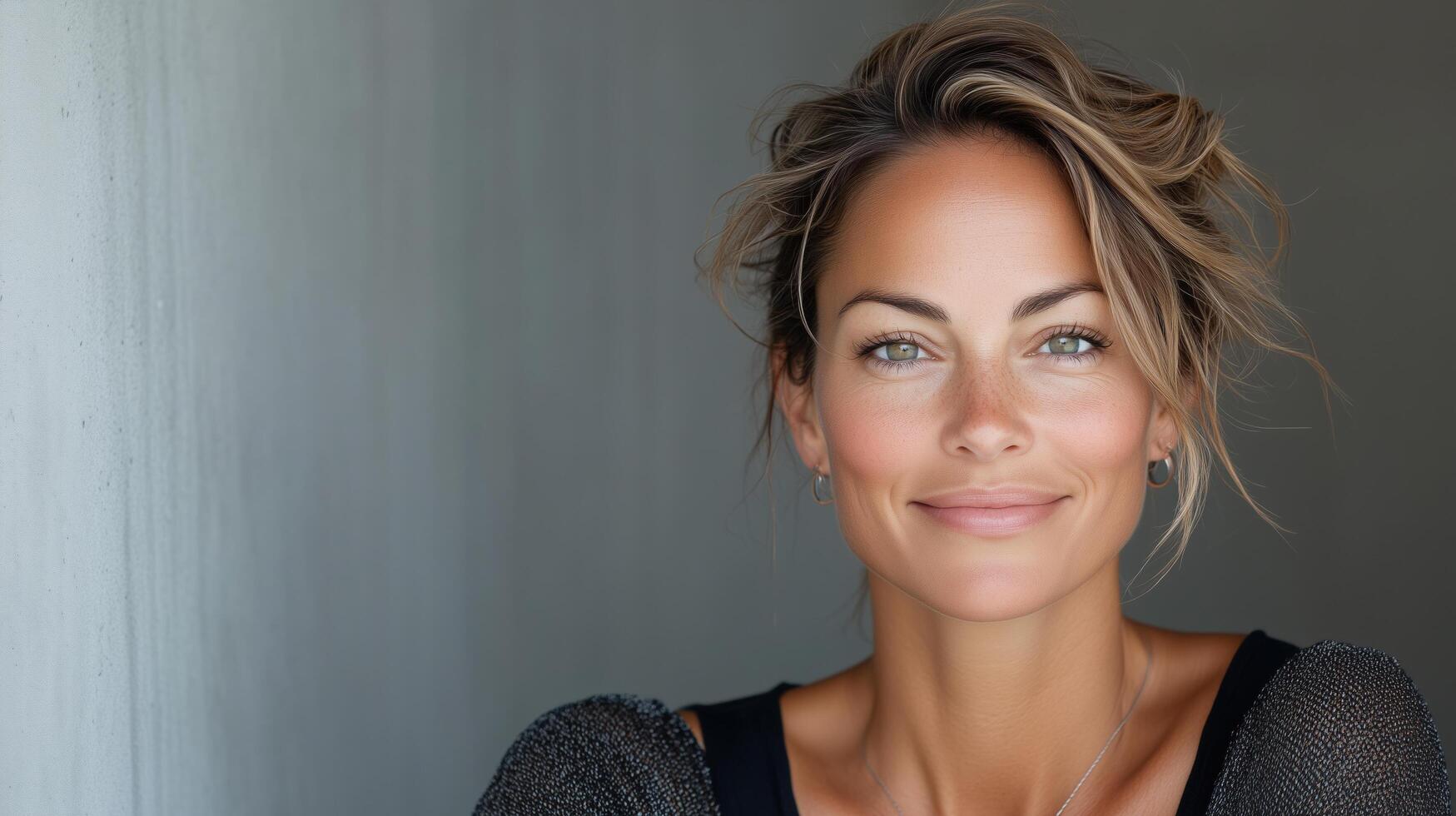 smiling woman with natural makeup and tousled hair, exuding confidence and warmth photo