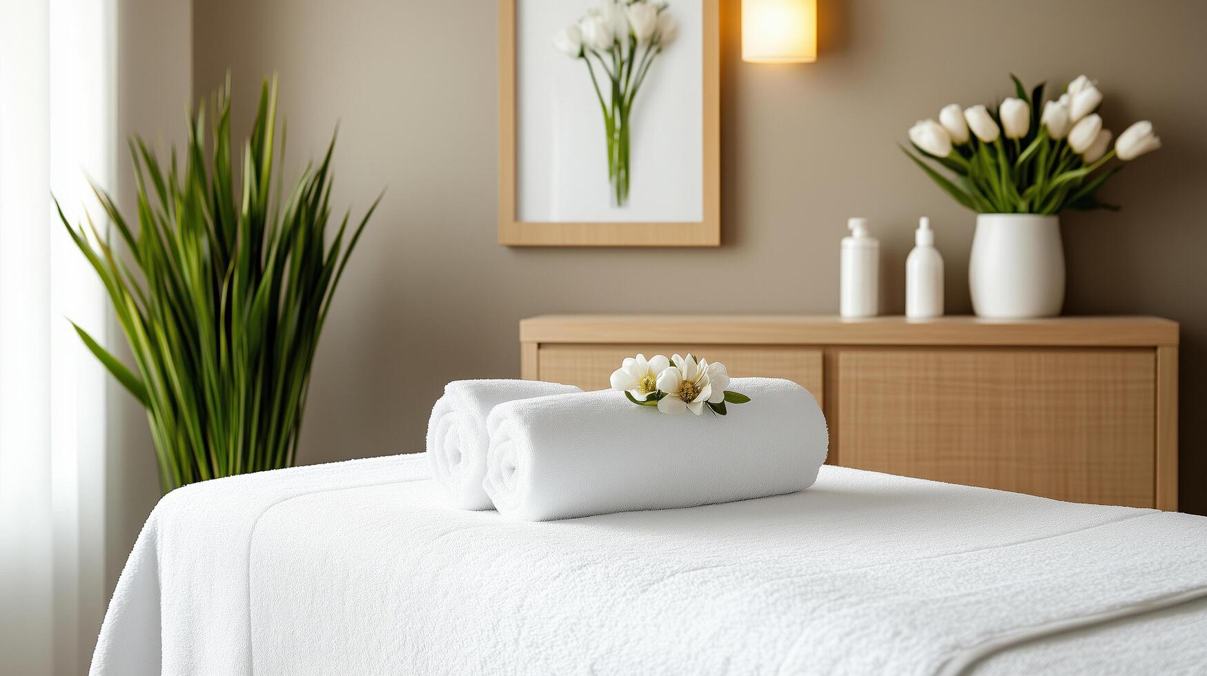 Relaxing massage table with fresh towels and flowers in serene spa setting photo