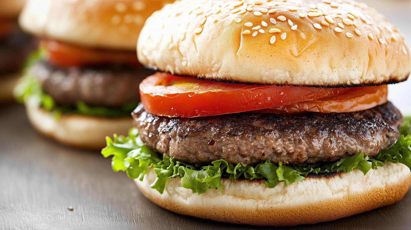 Juicy burger with fresh toppings, including lettuce and tomato, served on sesame bun photo