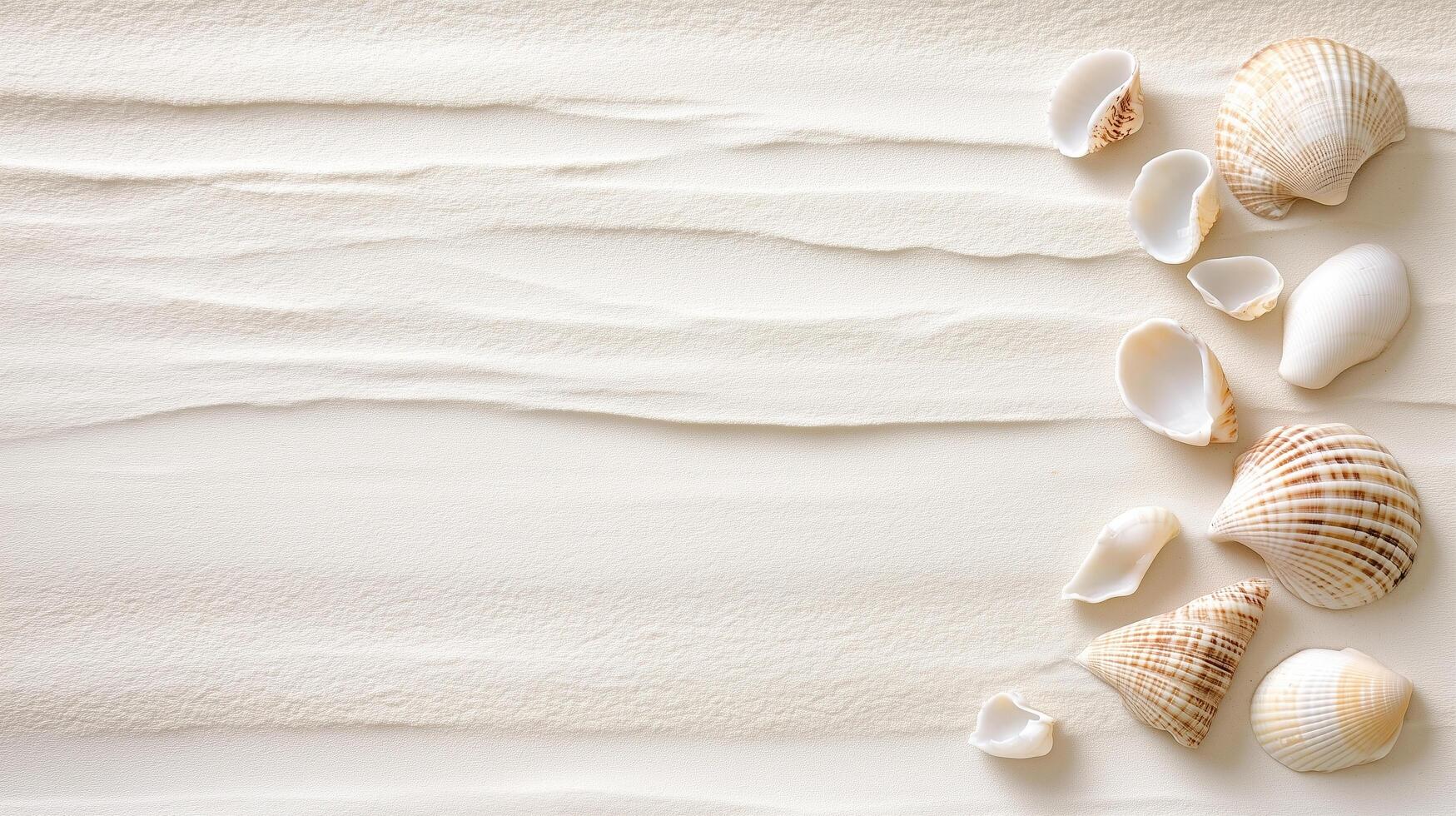 Seashells scattered on sandy beach background create serene atmosphere photo