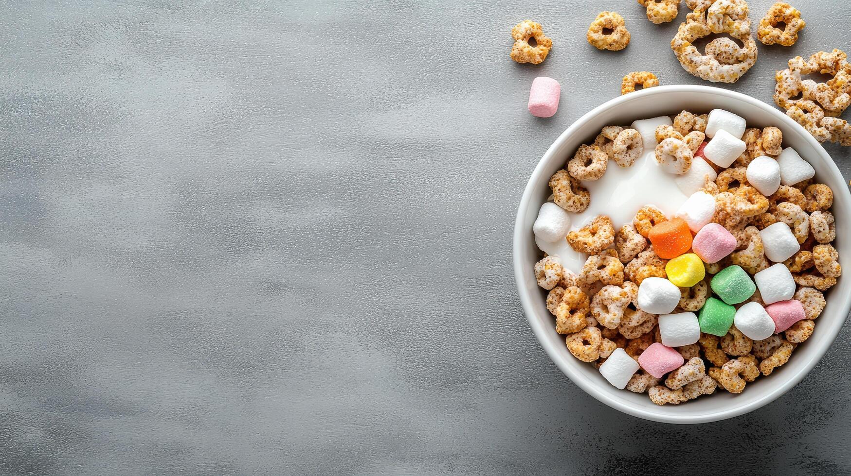 bowl of sugary cereal with colorful marshmallows and milk photo