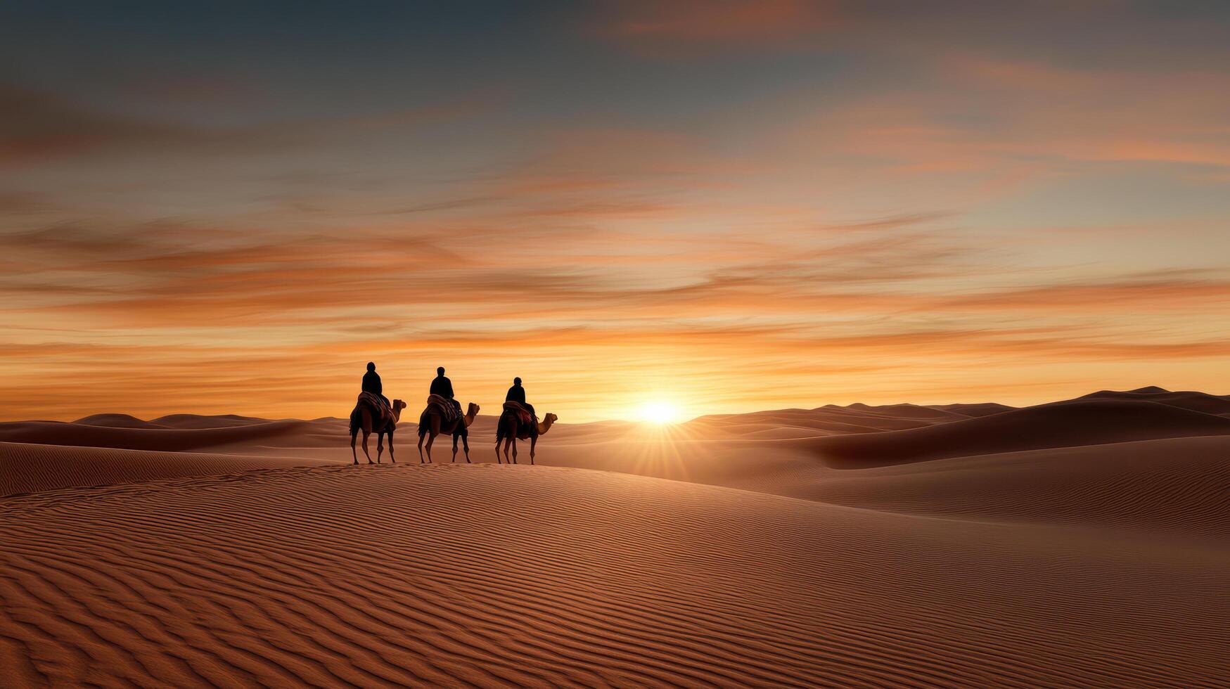 Majestic sunset over Sahara Desert with camels and riders silhouetted photo
