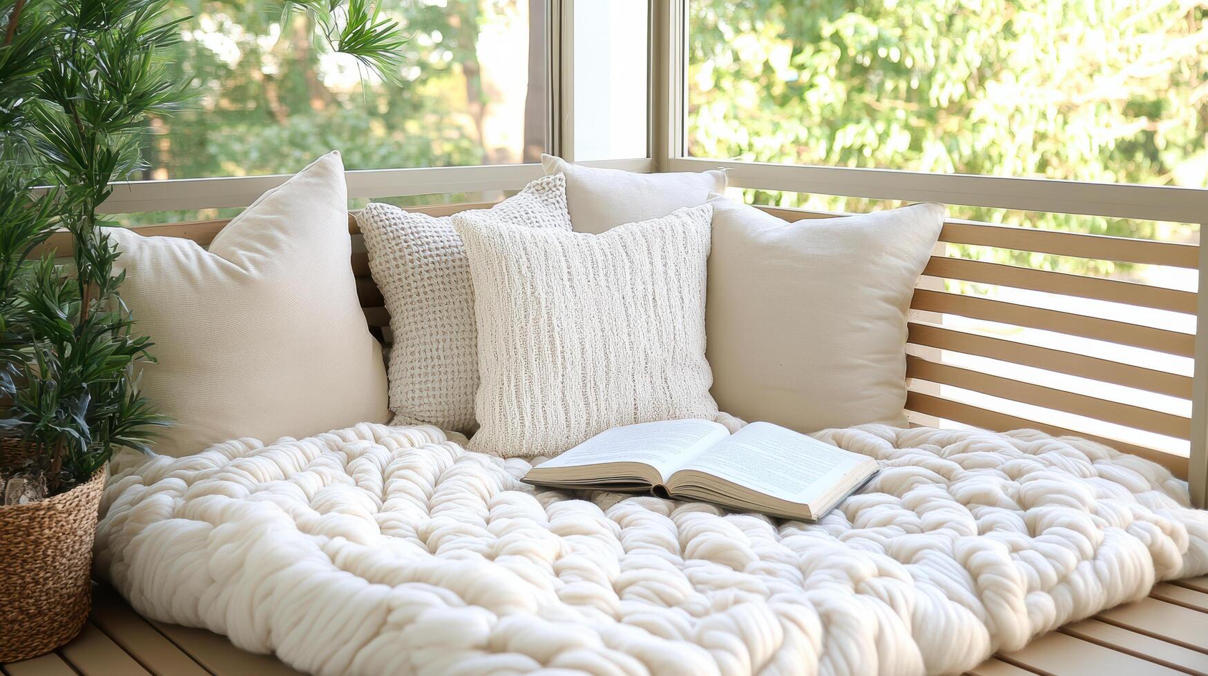 Cozy corner with soft throw, pillows, and inviting book for relaxation photo