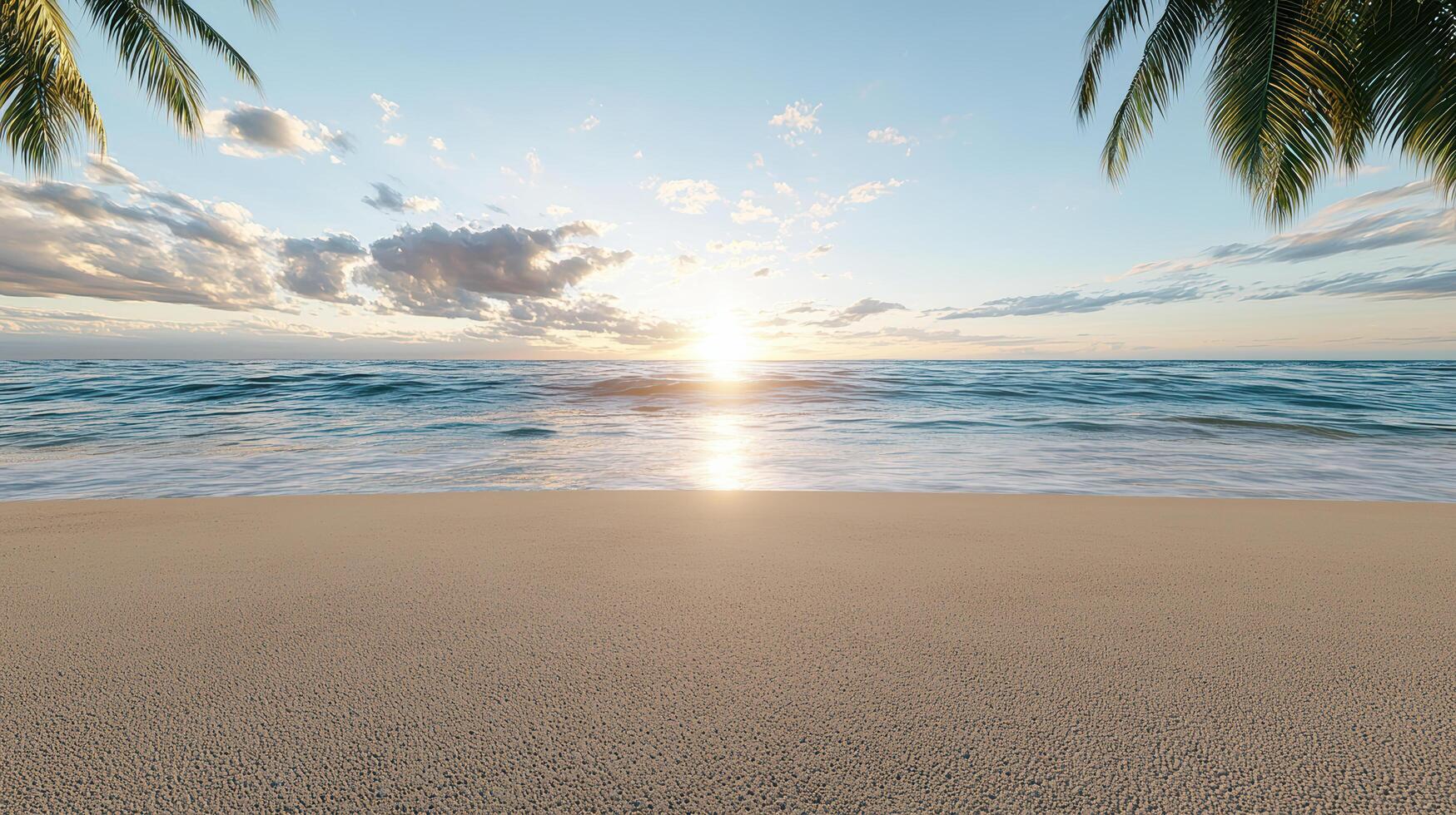 Stunning beach view with sunset over ocean and palm trees photo