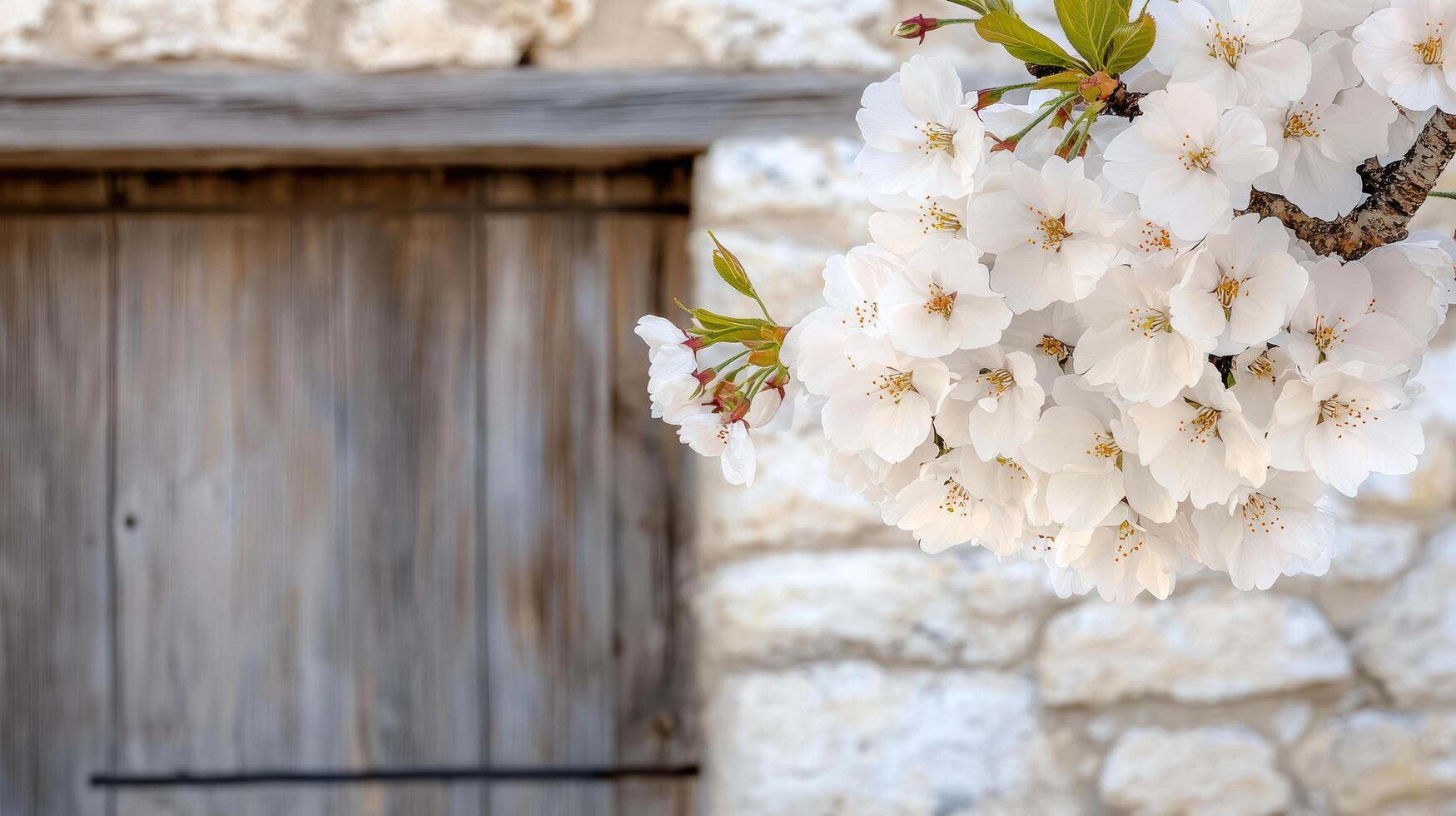 Blossoming cherry flowers against rustic wooden background evoke tranquility photo