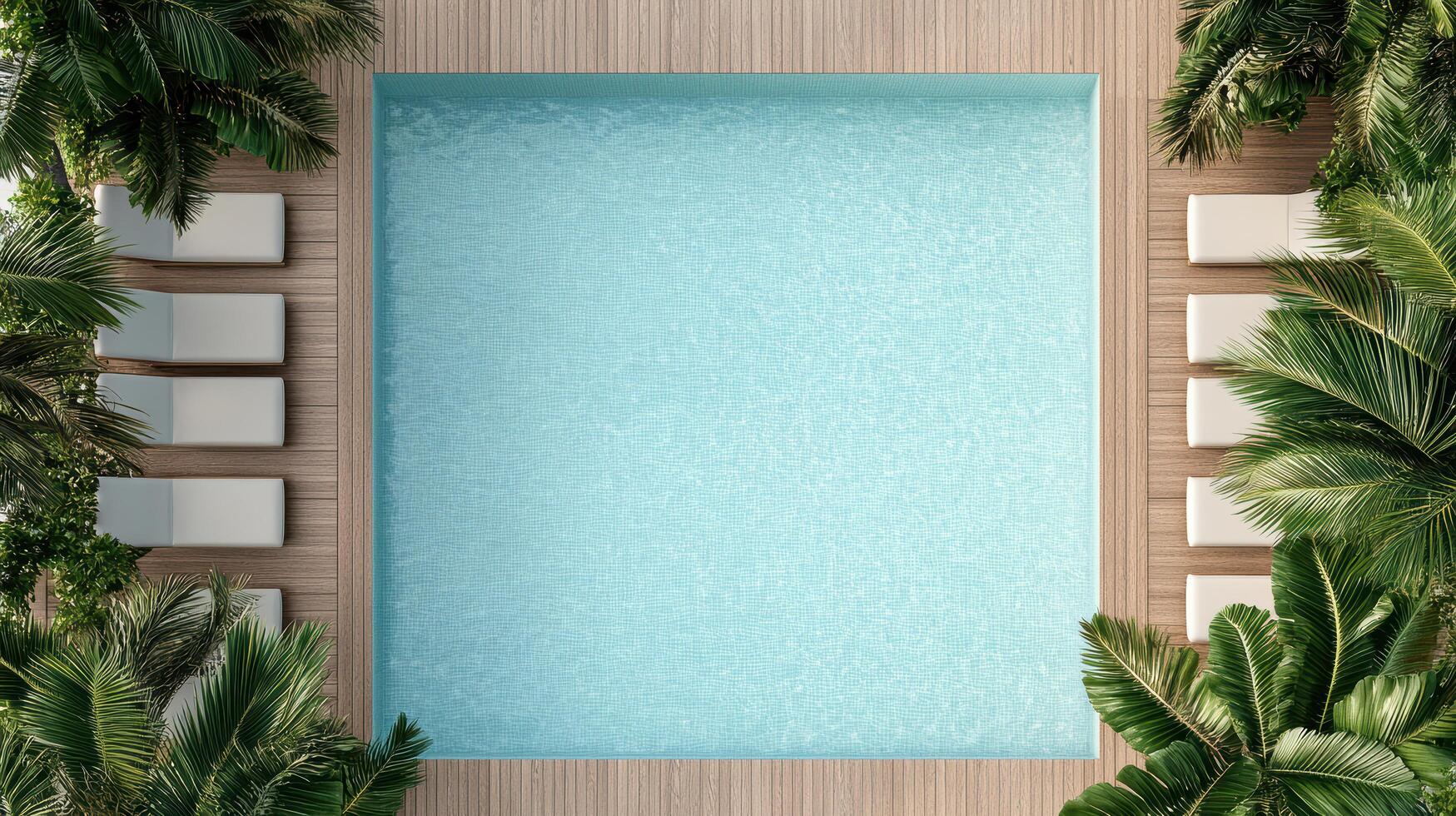 serene swimming pool surrounded by lush greenery and lounge chairs photo