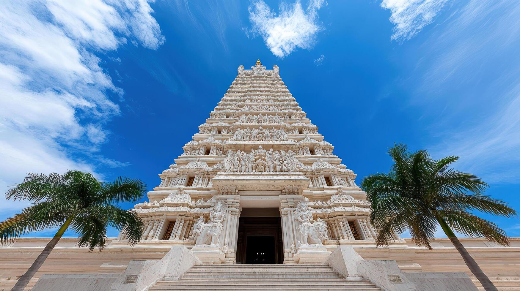 Stunning temple architecture against bright blue sky with palm trees photo
