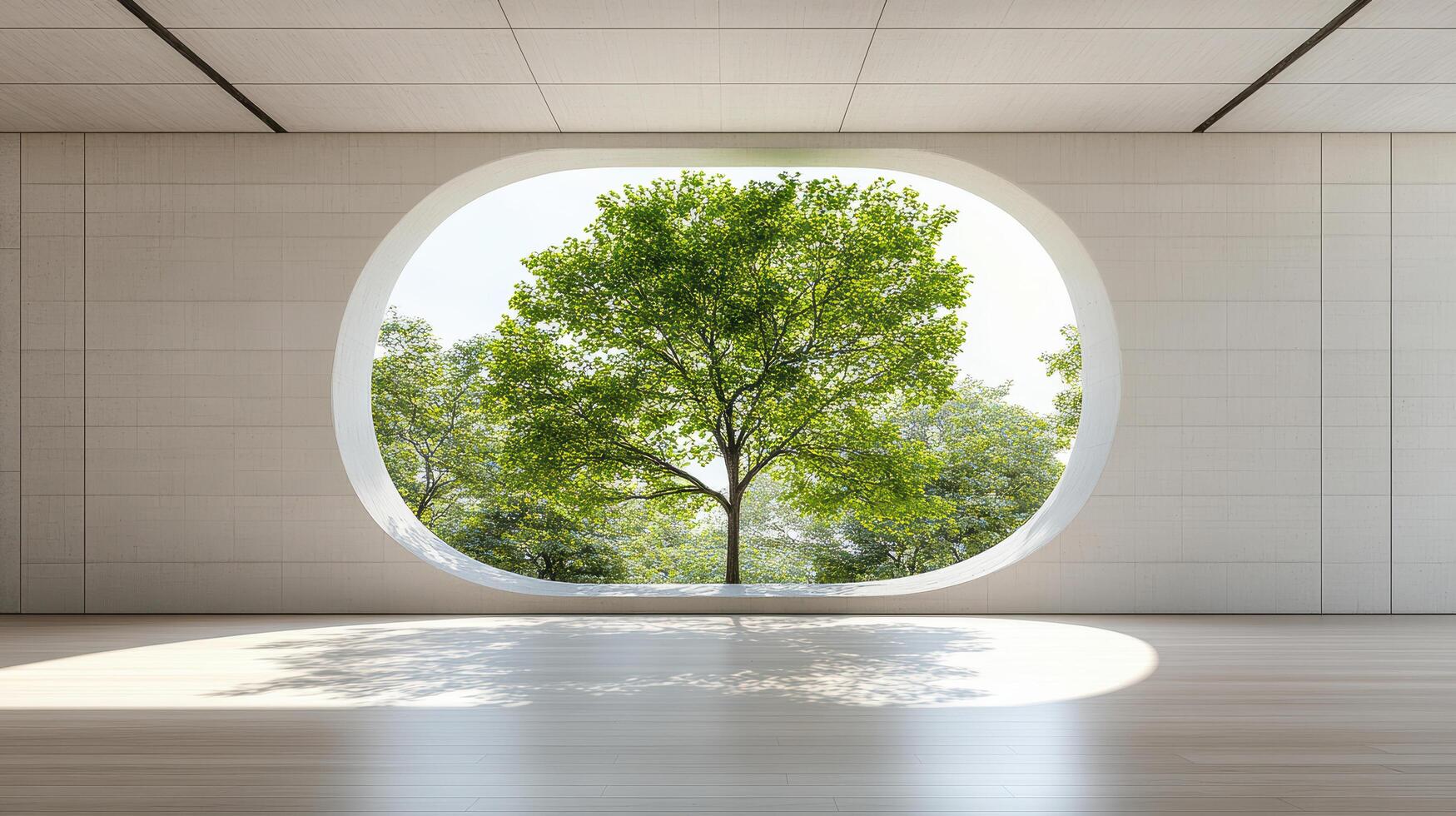 serene interior view showcasing large window with tree outside, blending nature and architecture photo