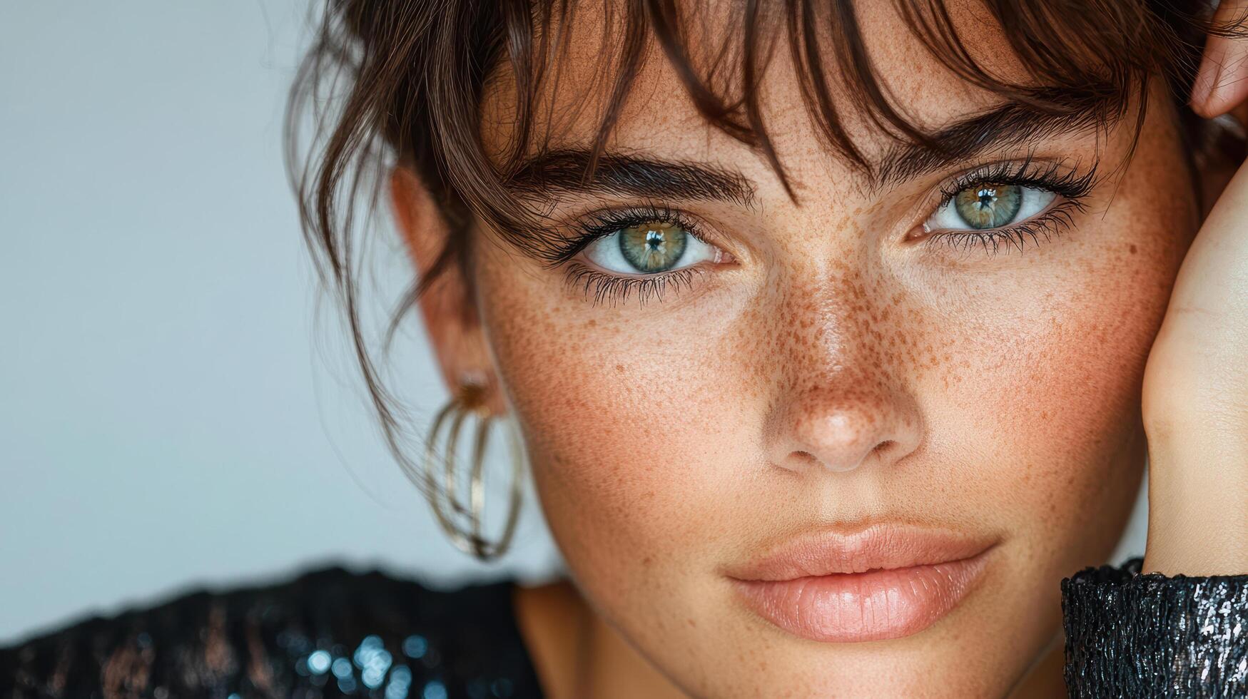 close up portrait of woman with striking green eyes and freckles, showcasing her natural beauty photo