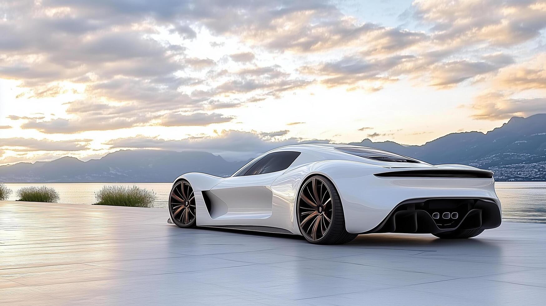 Futuristic sports car on scenic waterfront at sunset, showcasing sleek design photo