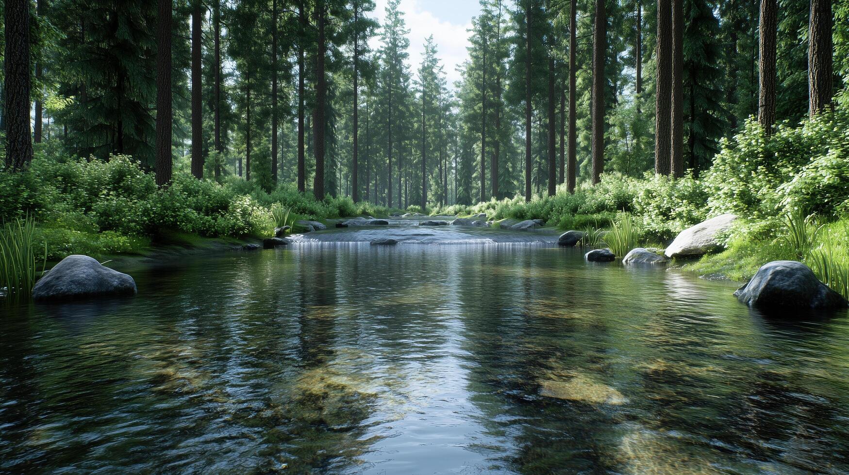 Tranquil forest with flowing river, surrounded by lush greenery and rocks photo