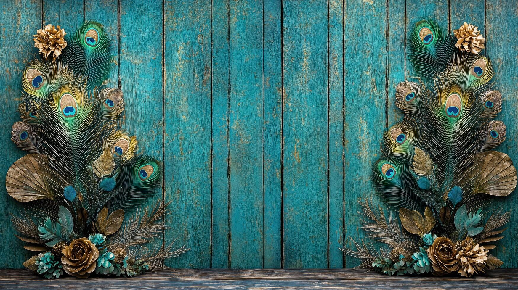 Intricate peacock feathers and floral decor on turquoise wooden background photo