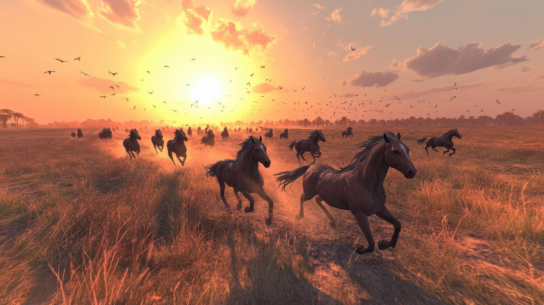Wild horses galloping across a grassland at sunset with birds flying overhead photo