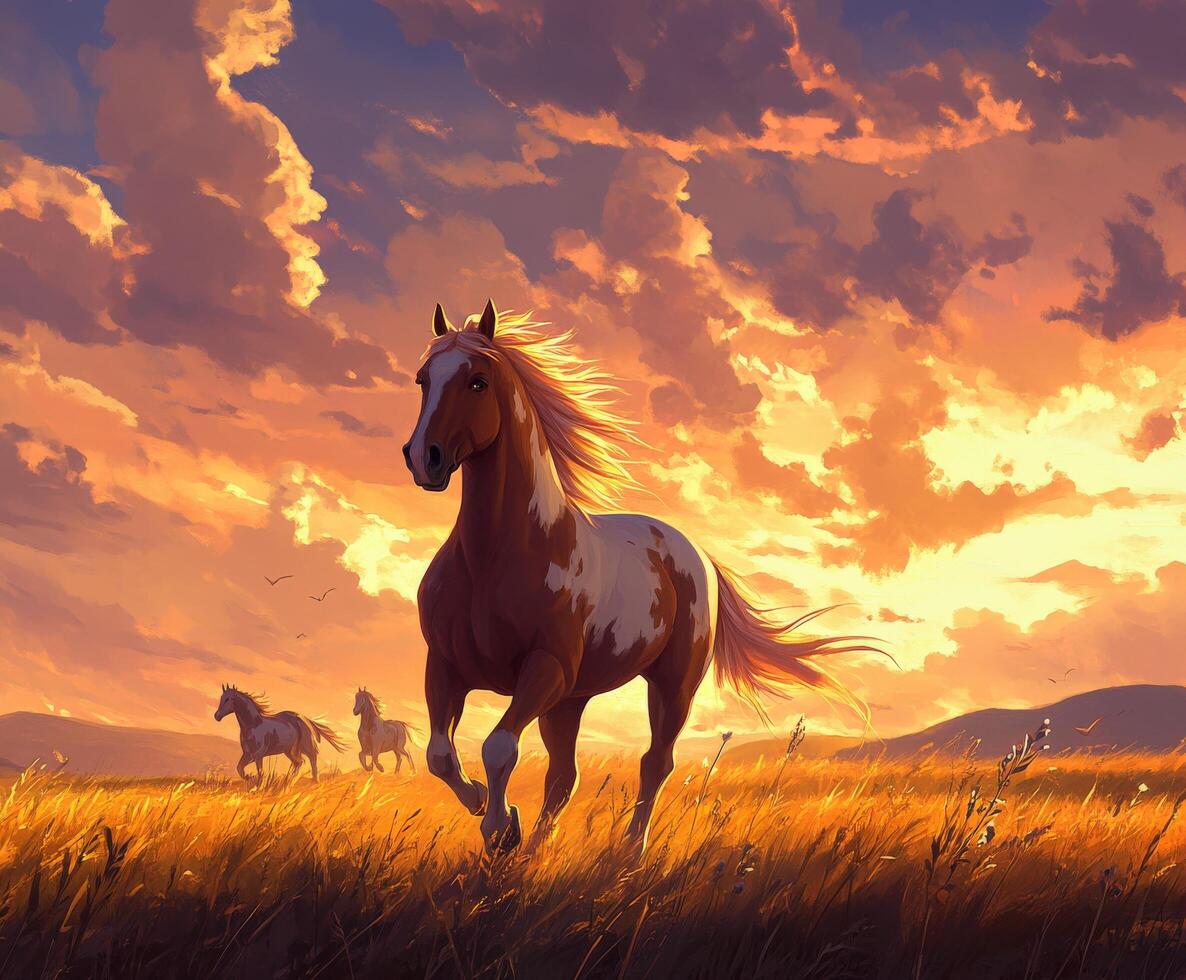 Horses running in a vibrant sunset over a grassy field photo