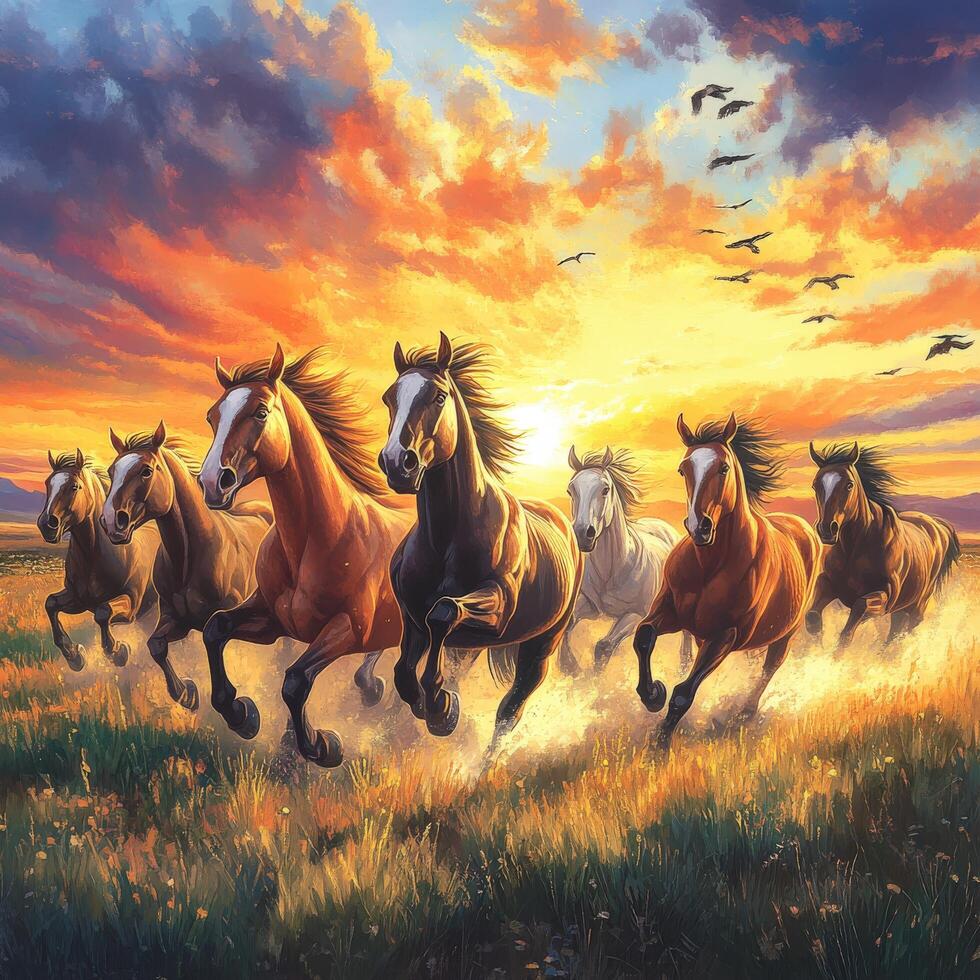 Majestic horses galloping at sunset across an open field photo