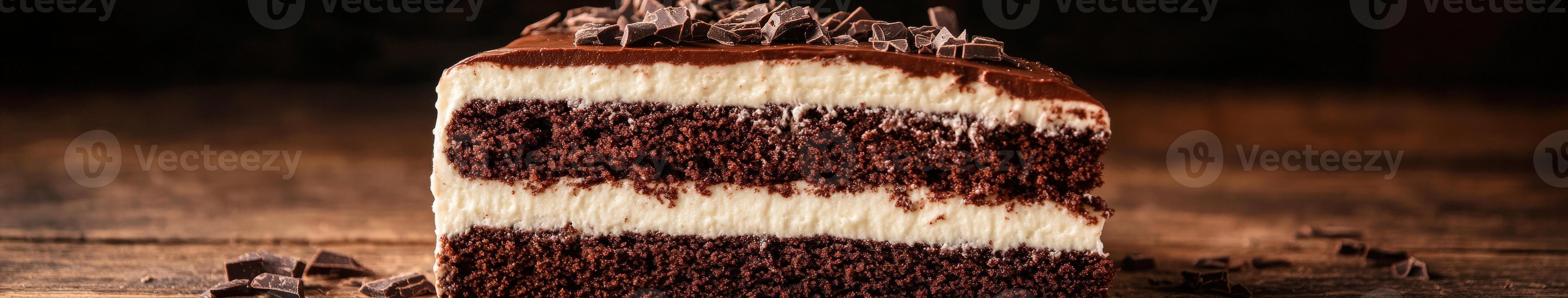 Decadent layer cake with chocolate ganache and creamy filling on rustic wood photo