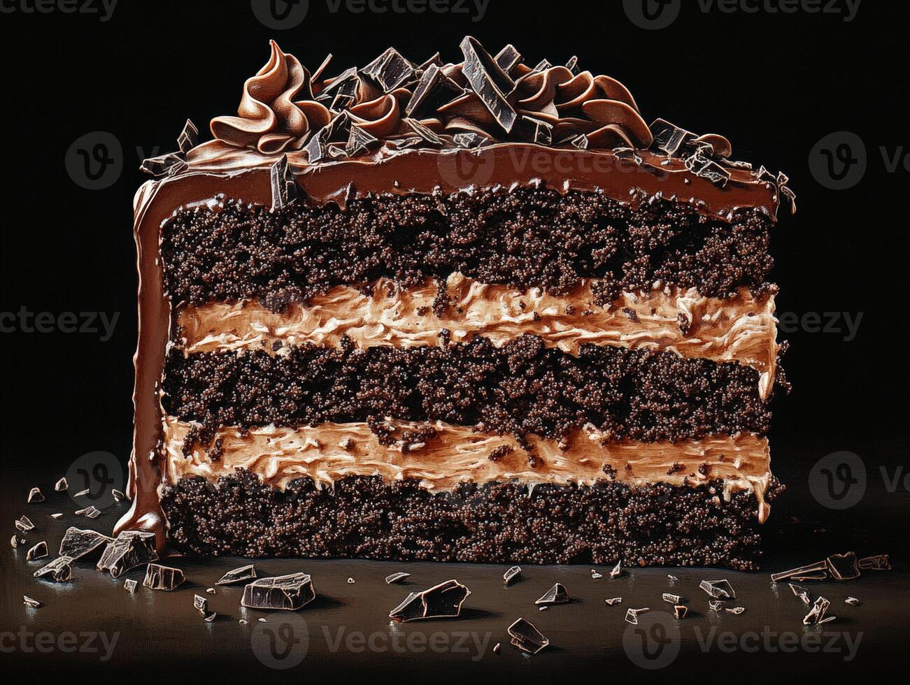 Decadent chocolate cake with rich frosting and chocolate shavings photo