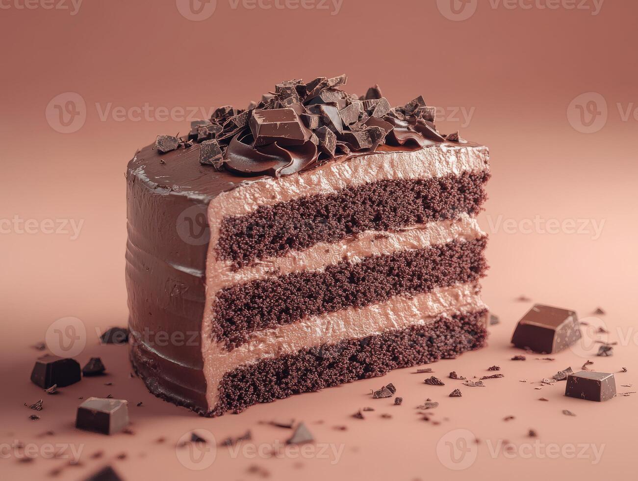 Rich chocolate cake slice with creamy frosting and chocolate shavings photo