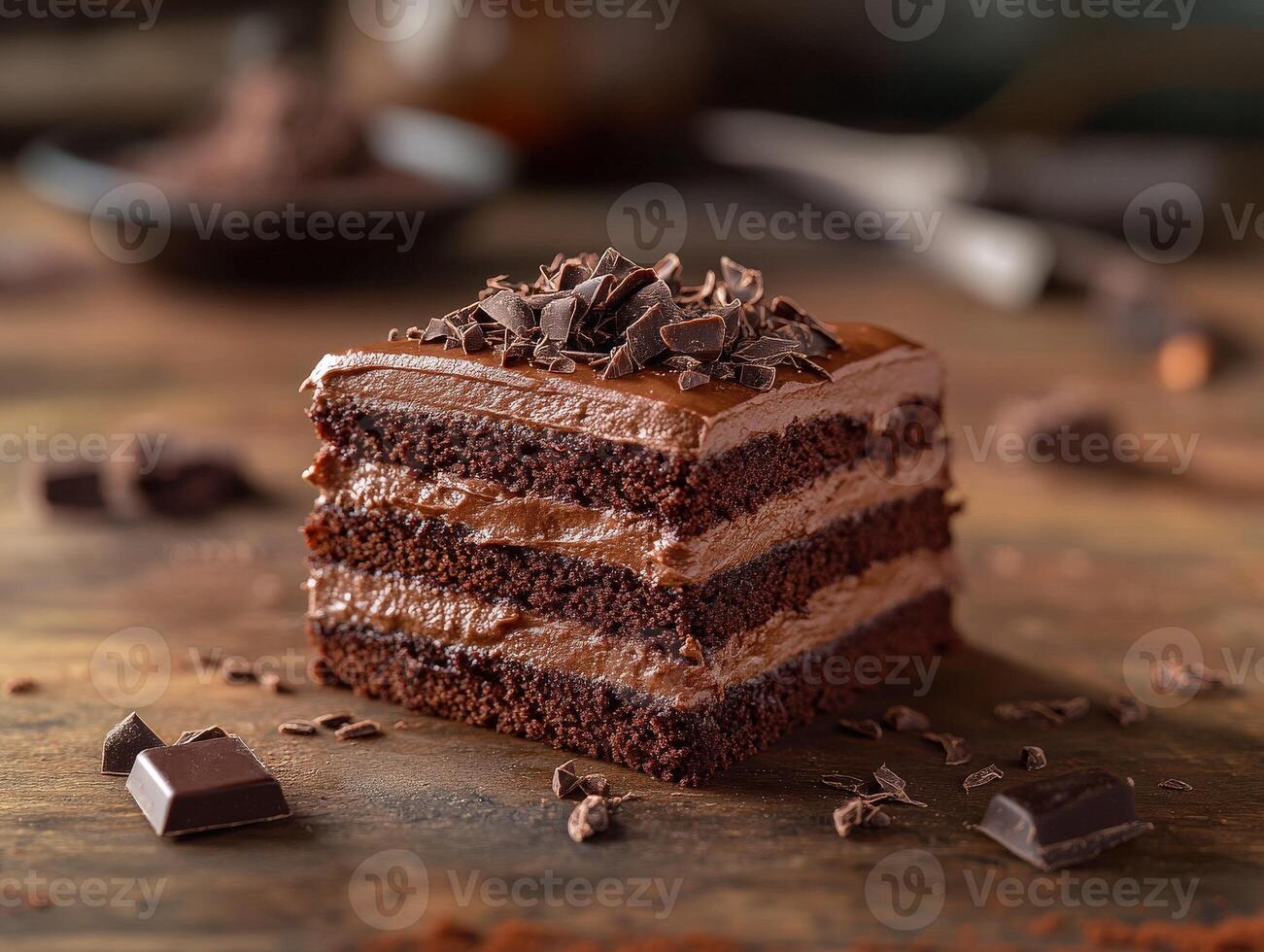 Delicious chocolate cake slice with creamy layers and chocolate shavings photo