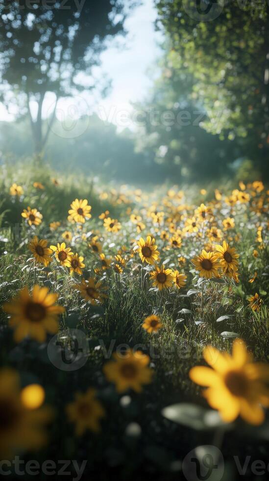Sunflower field blooms in morning light with soft mist and greenery photo