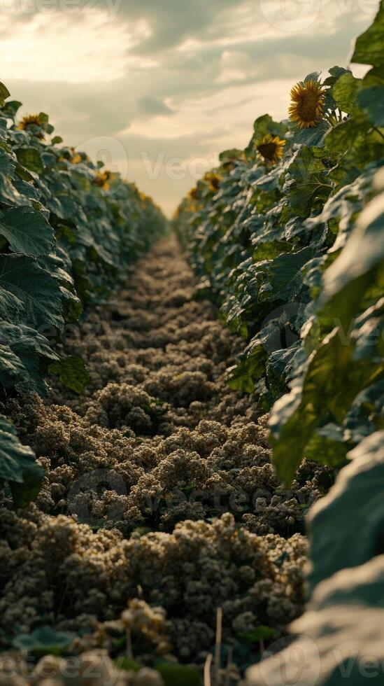 Sunlight filters through rows of sunflowers in a blooming agricultural field photo