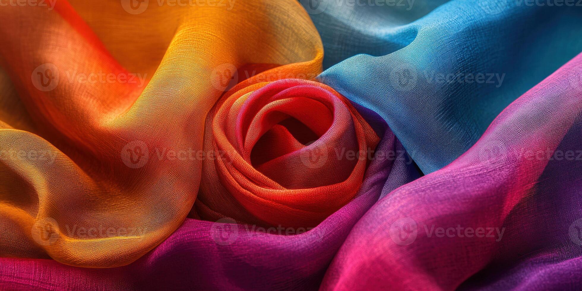 Colorful silk fabric arranged to form a vibrant rose in a textile display photo