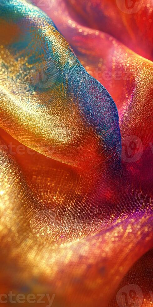 Colorful silk fabric displaying vibrant patterns and textures in close-up shot photo