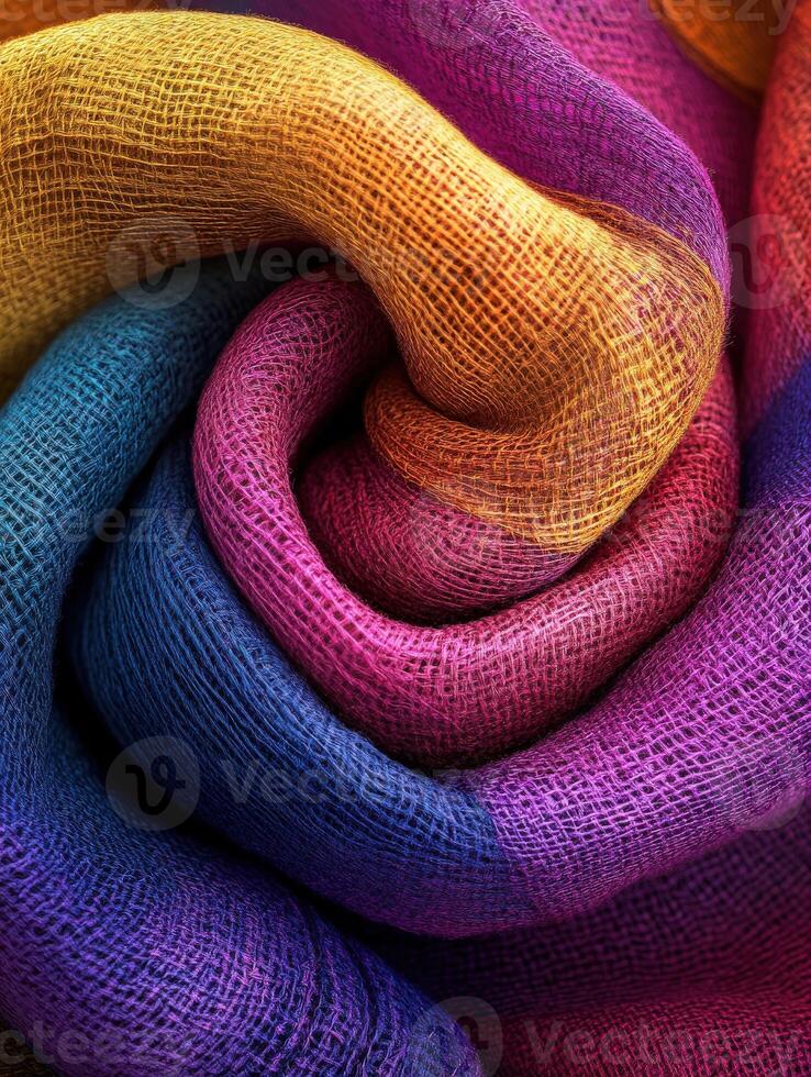 Colorful fabric swirl showcasing vibrant texture and hues in close-up photo