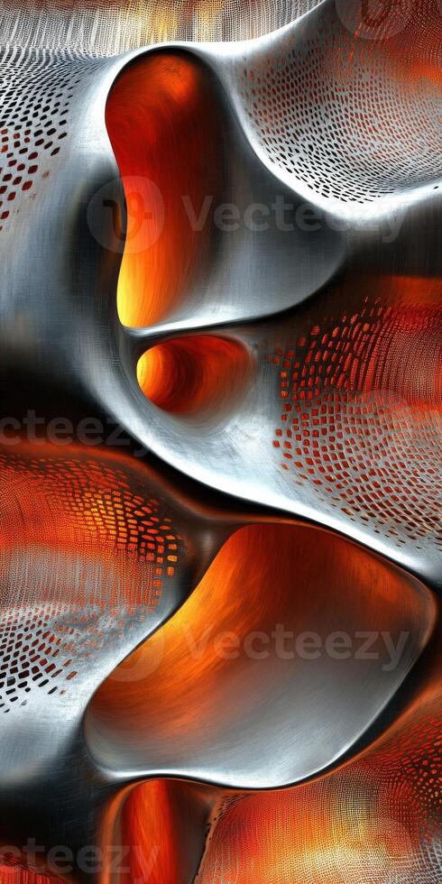 Intricate patterns of orange and silver flowing through abstract shapes photo