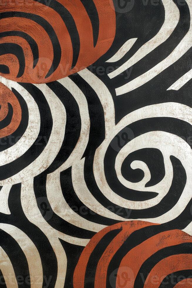 Bold abstract design featuring swirls and stripes in red, black, and white photo