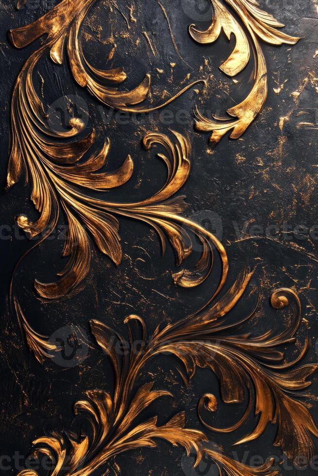 Intricate gold leaf patterns on dark textured surface create elegant design photo