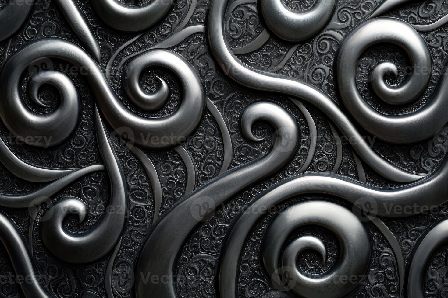 Intricate black and silver swirling patterns on textured surface photo