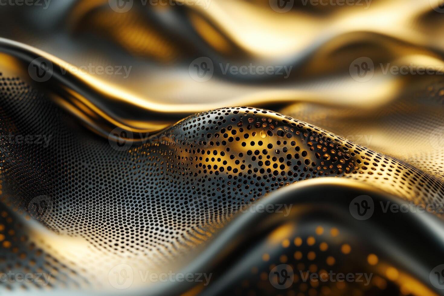 Textured fabric with shimmering golden waves reflecting light in close-up photo