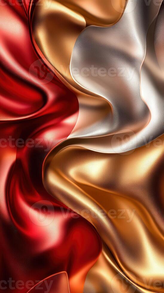 Textured fabric drapes in shades of red, gold, and silver create visual depth photo