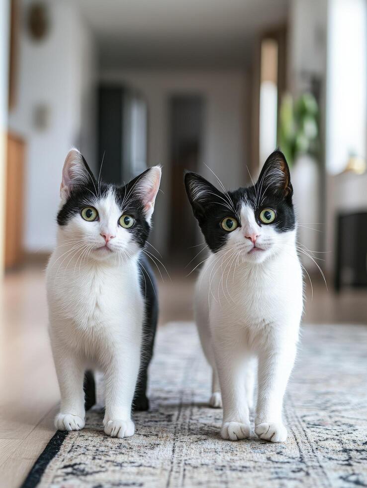 Two playful black and white cats walking together in a bright home photo