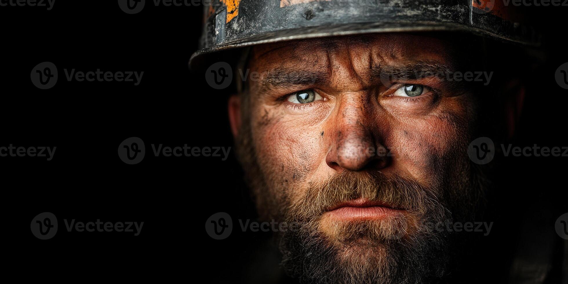 Miner with intense gaze showcasing determination and resilience in dark setting photo