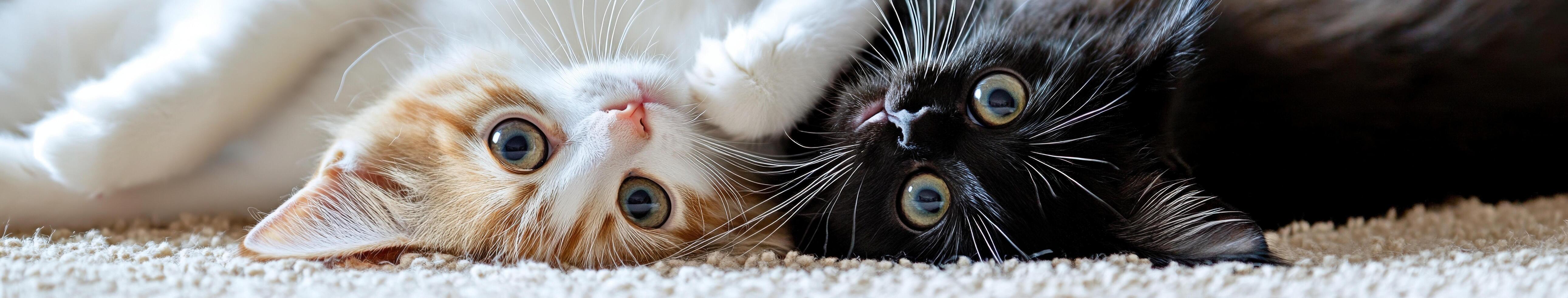 Two playful cats lounging together on a cozy carpet in a sunny room photo