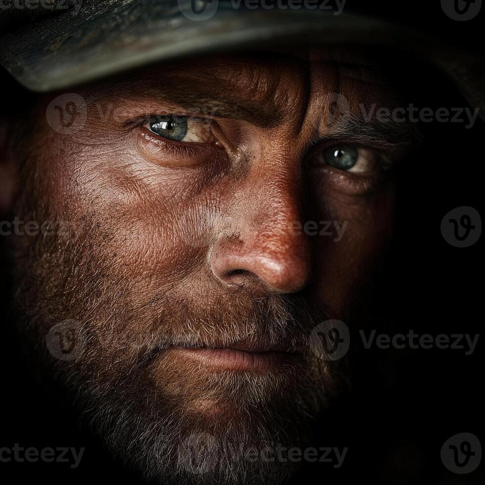Miner working in a dark underground environment with intense expression photo