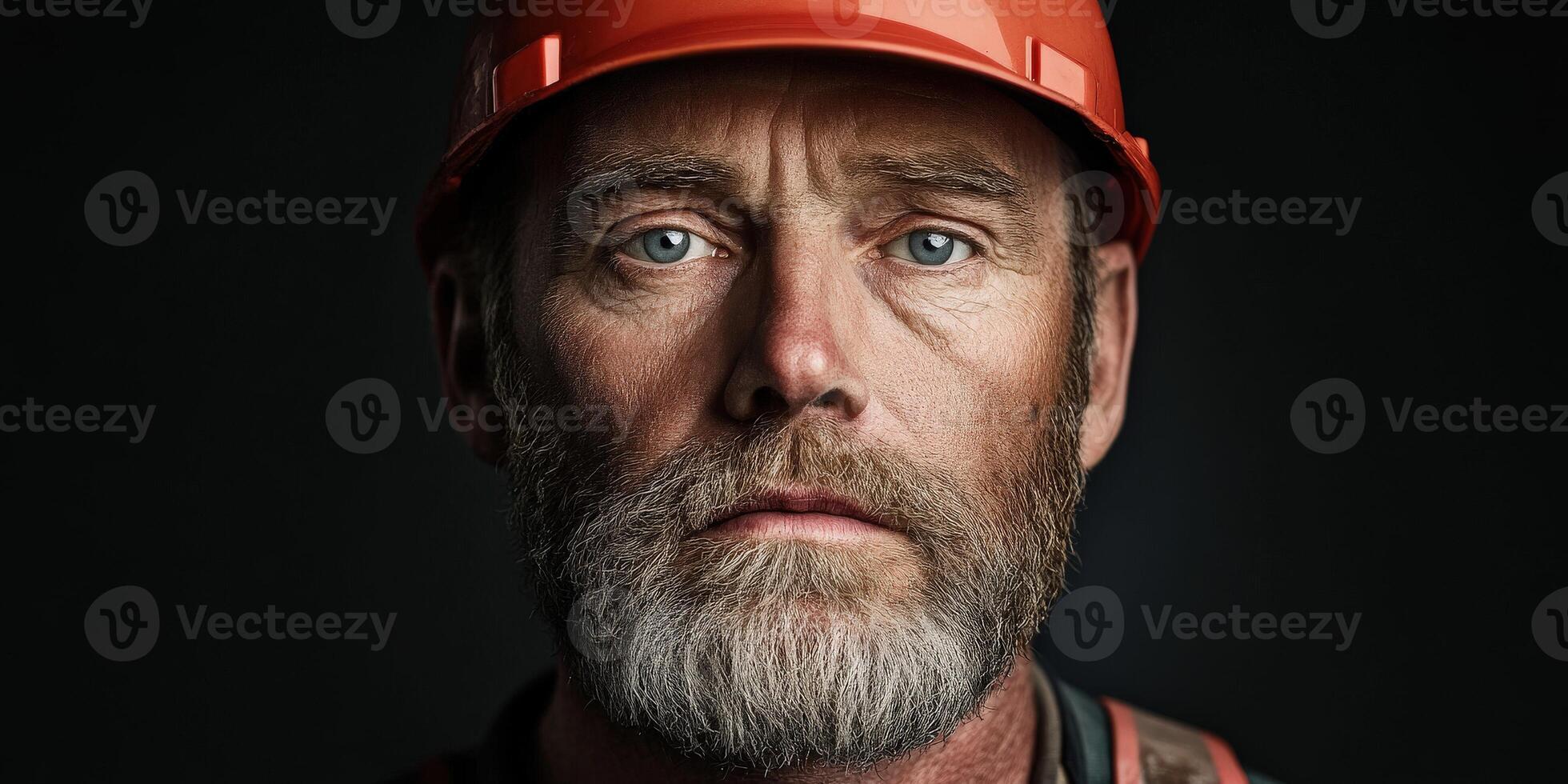 Miner with orange helmet and a serious expression in a dark setting photo