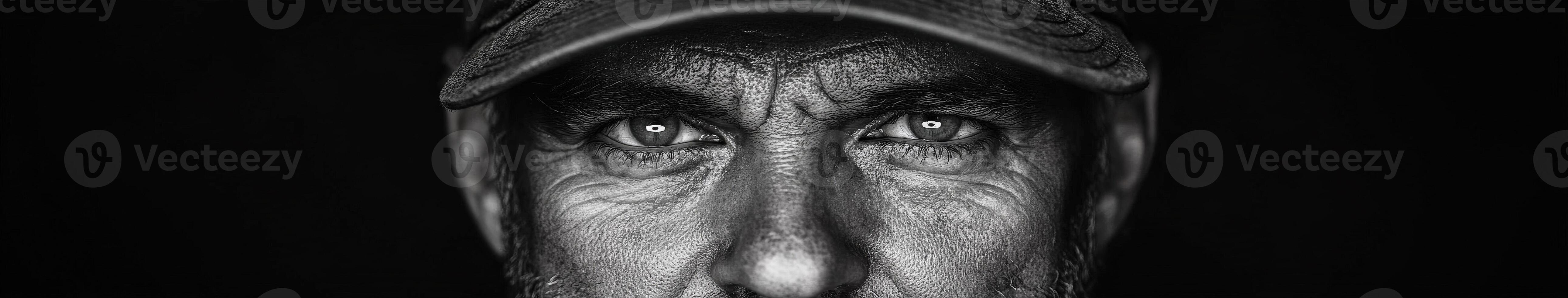 Miner with intense gaze showcasing the wear of years in a harsh environment photo