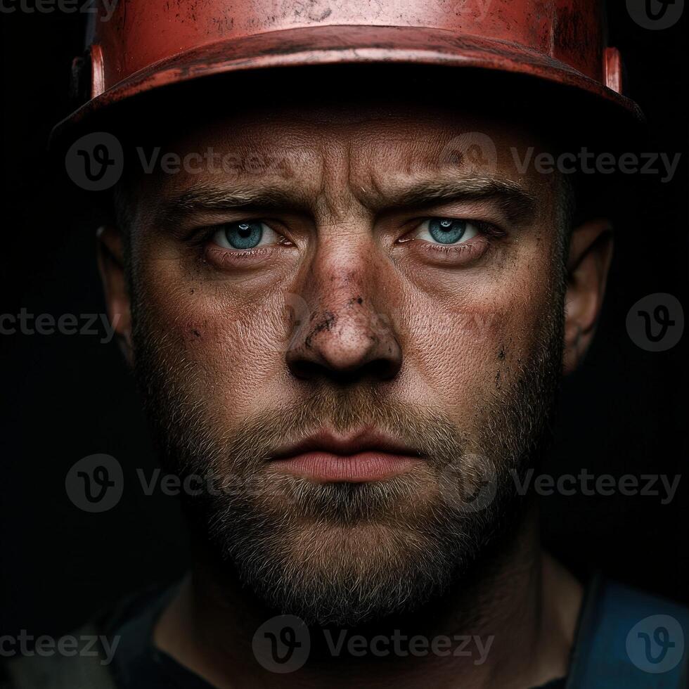 Miner with intense gaze wearing hard hat and showing signs of work in progress photo