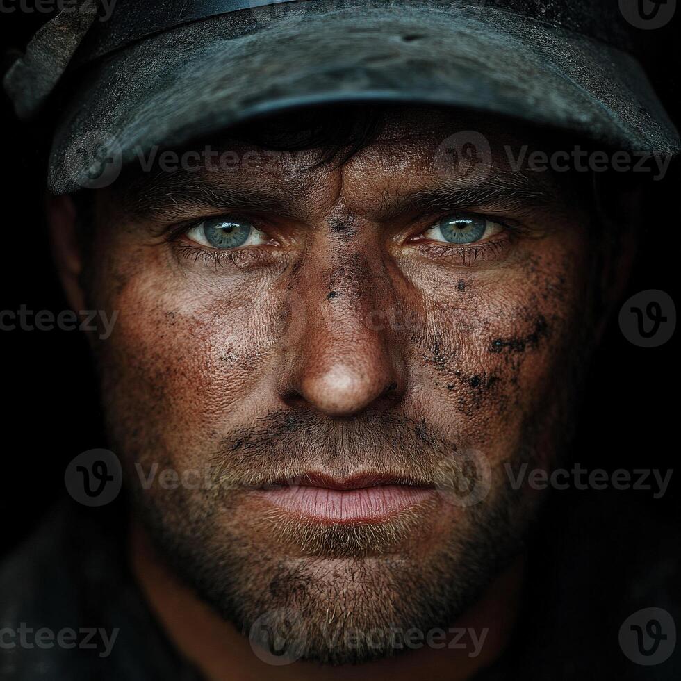 Miner displaying determination and grit after a long day of work underground photo